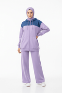 Hijabi model full look - lilac purple white background with shadow